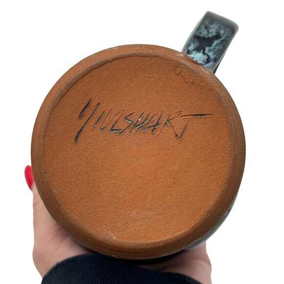 Signed Studio Pottery Footed Mug Cup Blue Glazed Red Clay 4"H x 4"Diam - Picture 6 of 8